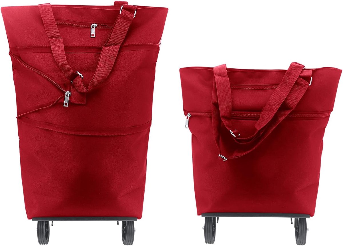 SnelShoppen - Vouwbare Winkelwagen met Wielen voor Supermarkten en Boodschappen - Rood, Duurzaam Oxford, 2-in-1 Schoudertas en Trolley, Waterdicht, Id