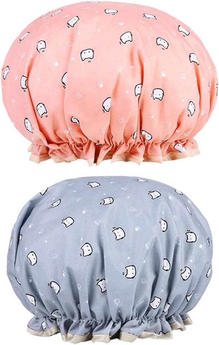 SnelShoppen - 2x Herbruikbare Douchkap voor Vrouwen en Meisjes - Dubbele Laag - Elastische Band - Dierenprint - Blauw en Roze - Ideaal voor Douche, Sp