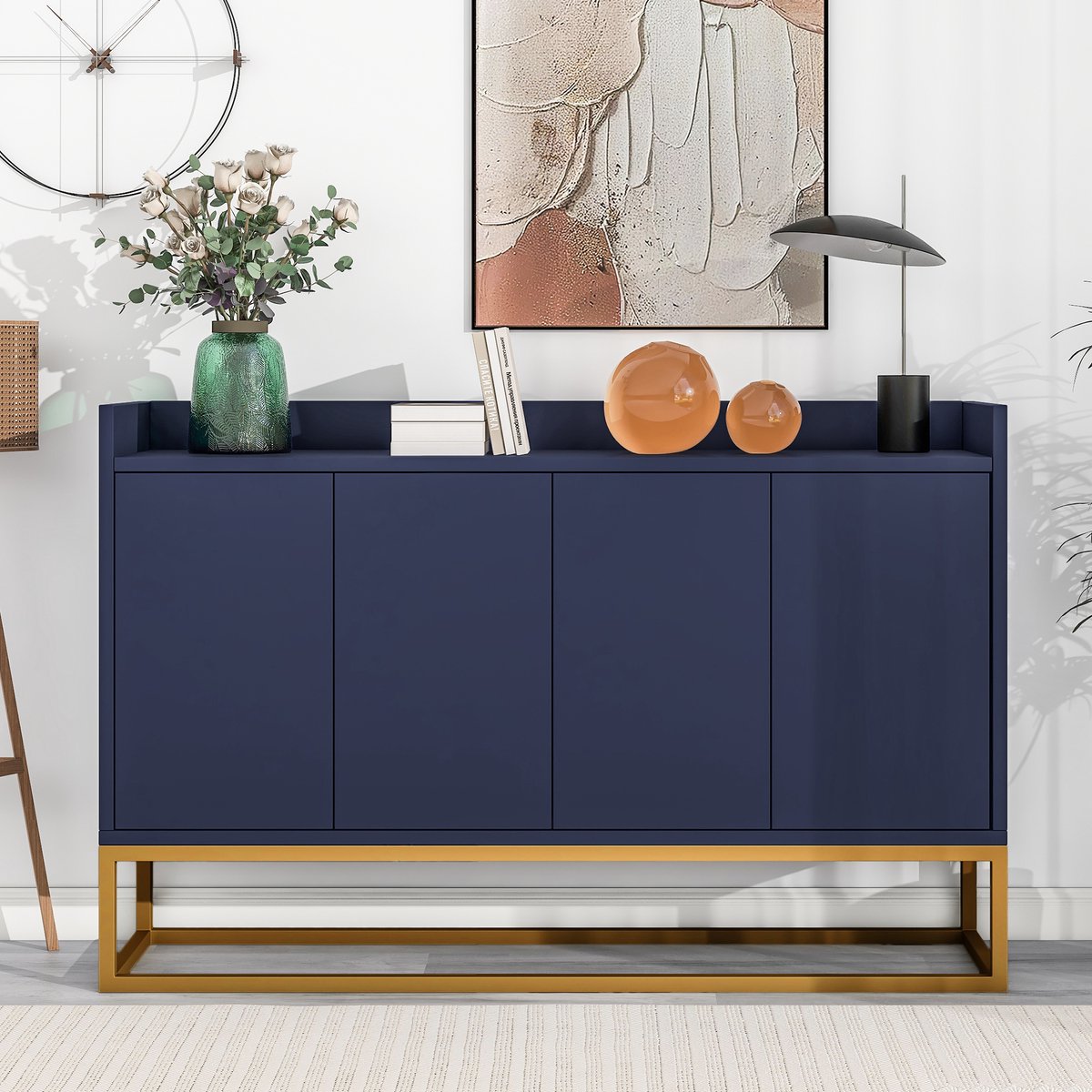 Wishdor - Dressoir - 4-deurs greeploos sideboard met verstelbare planken - minimalistische stijl - voor woonkamer of eetkamer - houtlook en staal - marineblauw - 120 x 30 x 80 cm