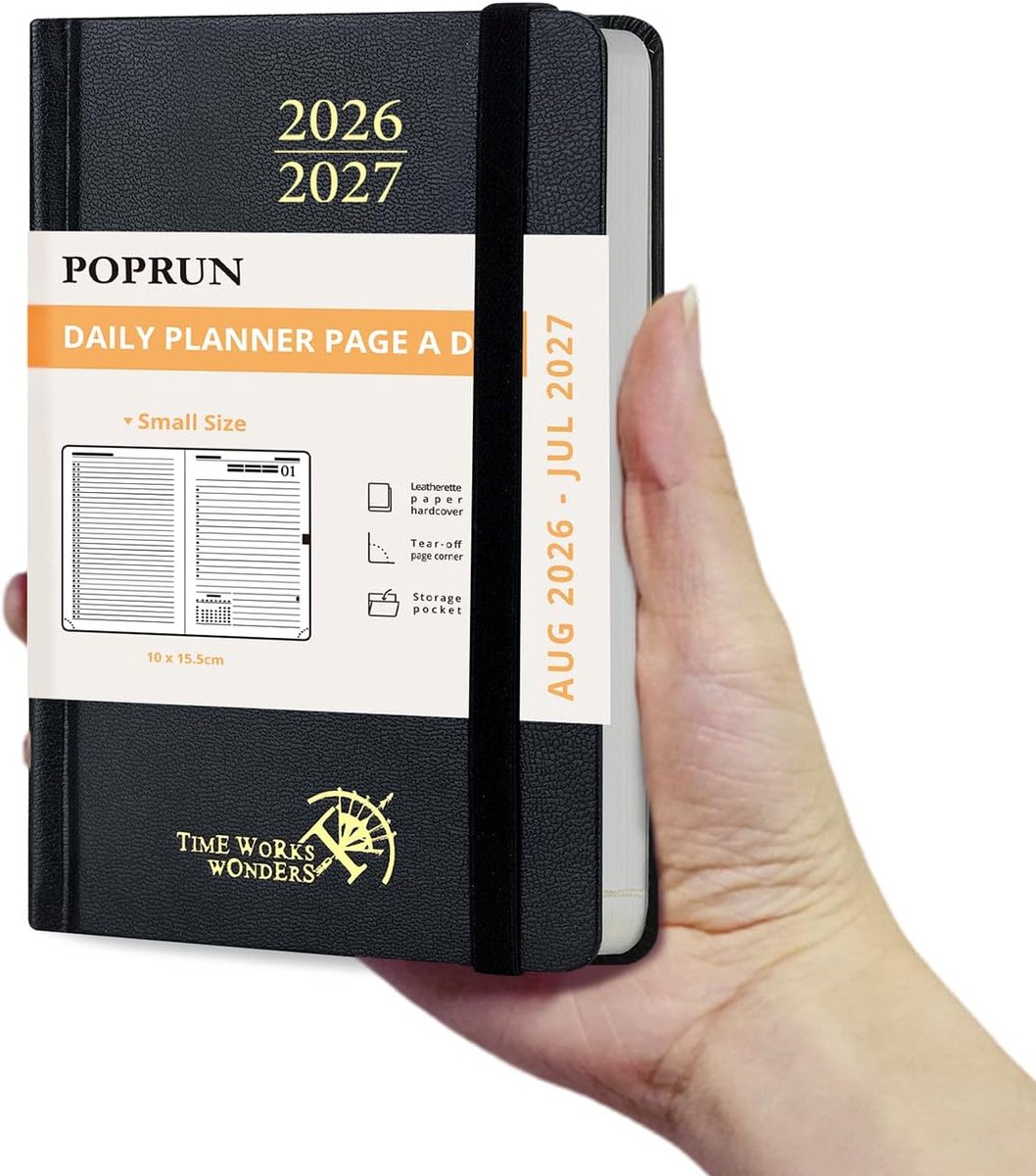 SnelShoppen - Agenda Pocket 2026 2027 Daily Planner - Compact 16 x 10.5 cm - 1 Pagina per Dag - School Planner - Hard Cover - Zwart - 12 Maanden - Han