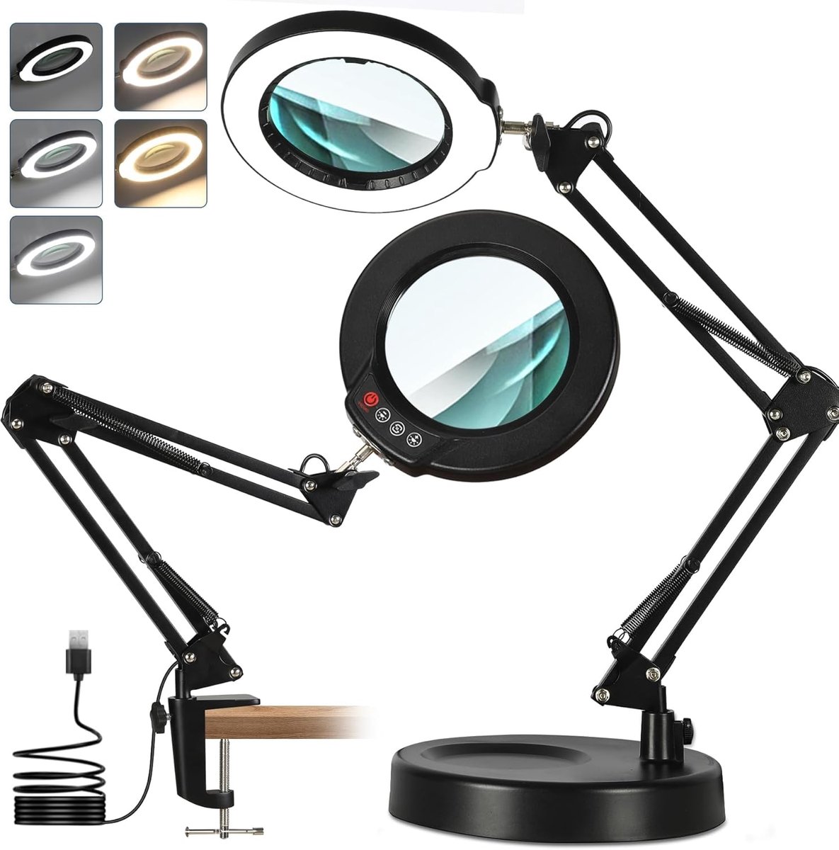 SnelShoppen - 12x Vergrootglas Met Licht, Dimbare LED Bureaulamp, 5 Kleurmodi, Handsfree Klem, 10x Vergroting, Zwart, Ideaal Voor Lezen, Knutselen, Ho