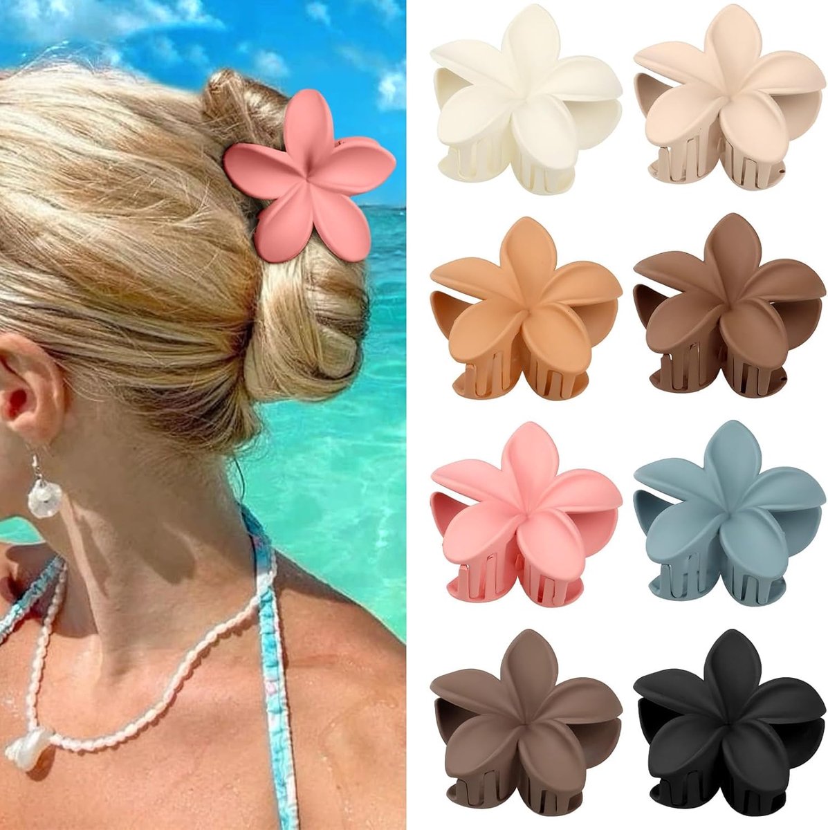 SnelShoppen - 8 Stuks Grote Bloem Haarclips - Non-Slip Hibiscus Haaraccessoires voor Dames - Matte Hawaii Haarclips voor Dikke en Dunne Haar - Perfect