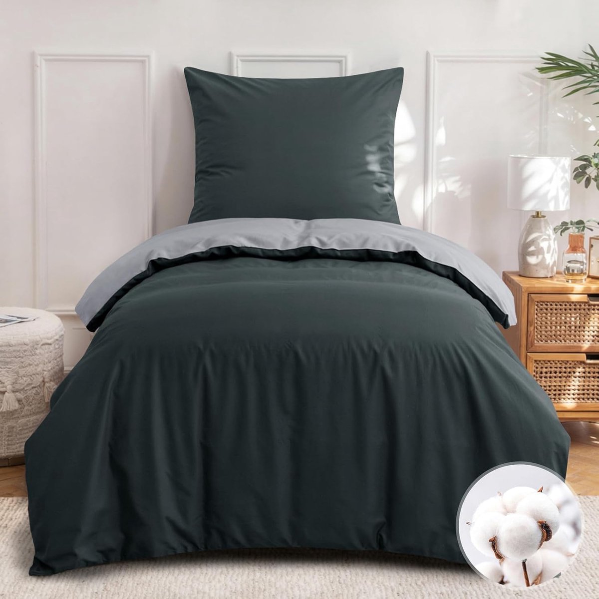 SnelShoppen - Bedlinnen Set 140 x 200 cm - Katoen Anthraciet Grijs - Dubbelzijdig Dekbedovertrek met Kussensloop 80 x 80 - Oeko-Tex Katoenen Bedlinnen