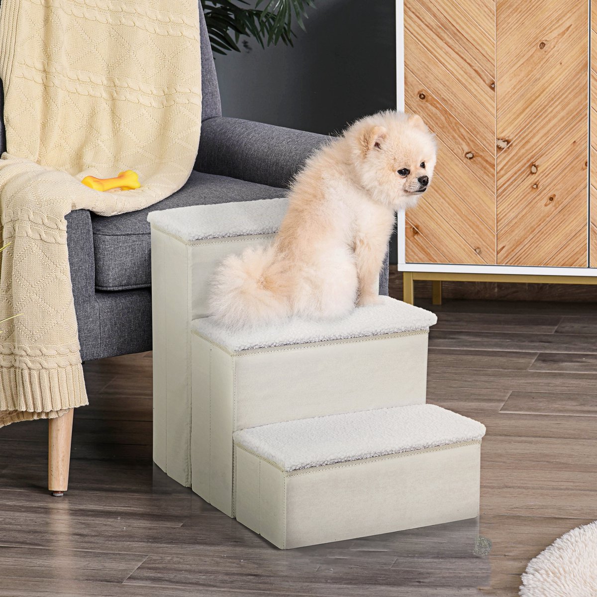 FloraGrace Dierentrap Opvouwbaar – 40 x 54 x 48 cm – MDF En Zacht Hoogpolig Materiaal – Wit – Met Opbergruimte Voor Katten En Honden