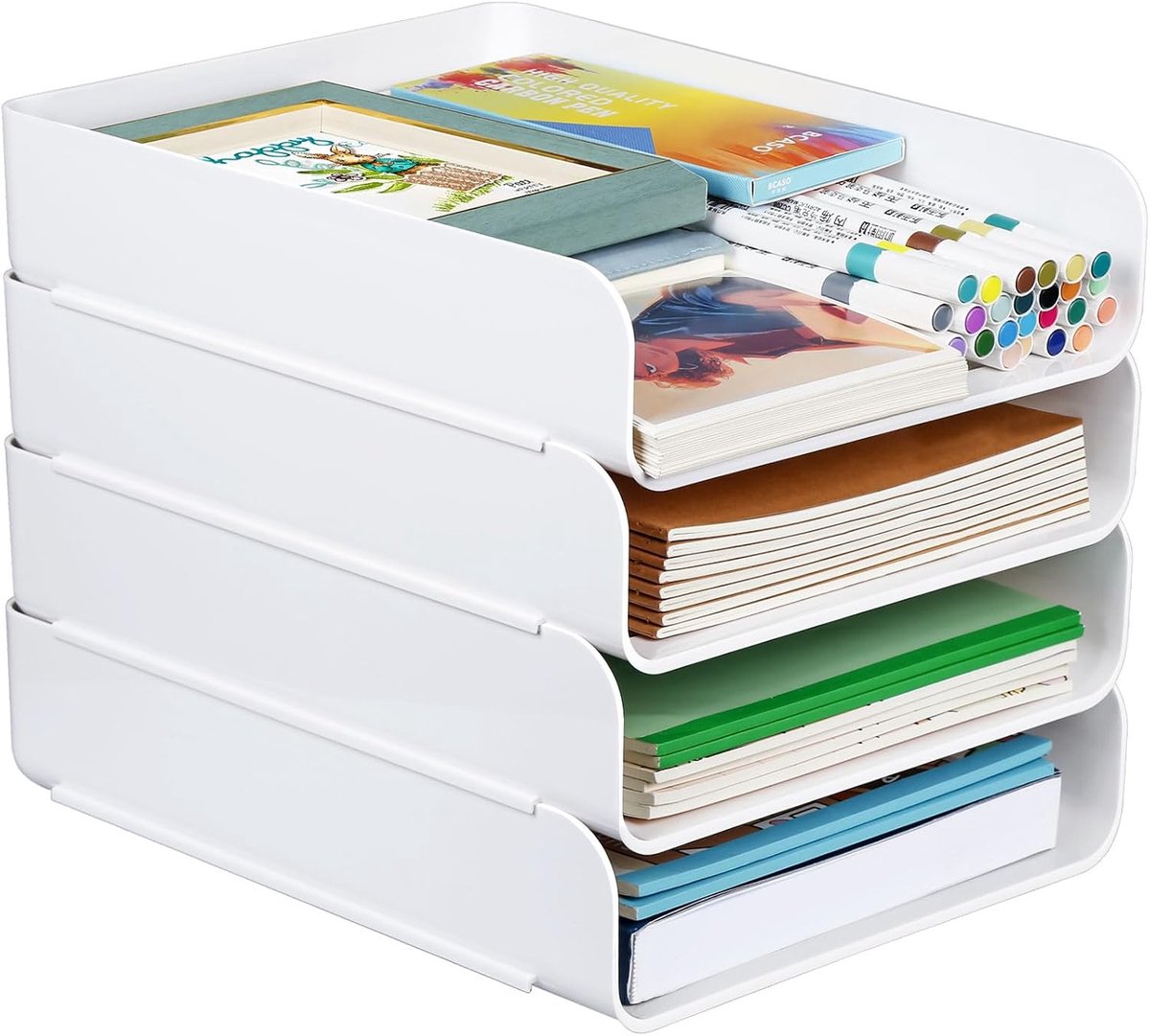 SnelShoppen - 4-laags Opbergbak voor A4 Documenten, Stapelbare Bureau Organizer, PET Kunststof Briefbakken Set van 4, Wit, Perfect voor Thuis, Kantoor