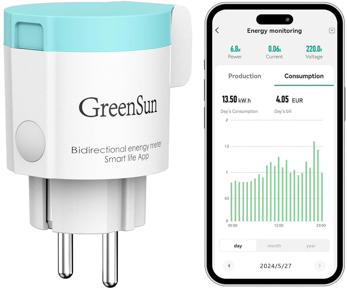 SnelShoppen - GreenSun Wifi Socket met Timer Switch voor Buiten, Energie Meter voor Balkon, Smart Timer, Mini-PV Meter, Spraakbesturing met Alexa IP44