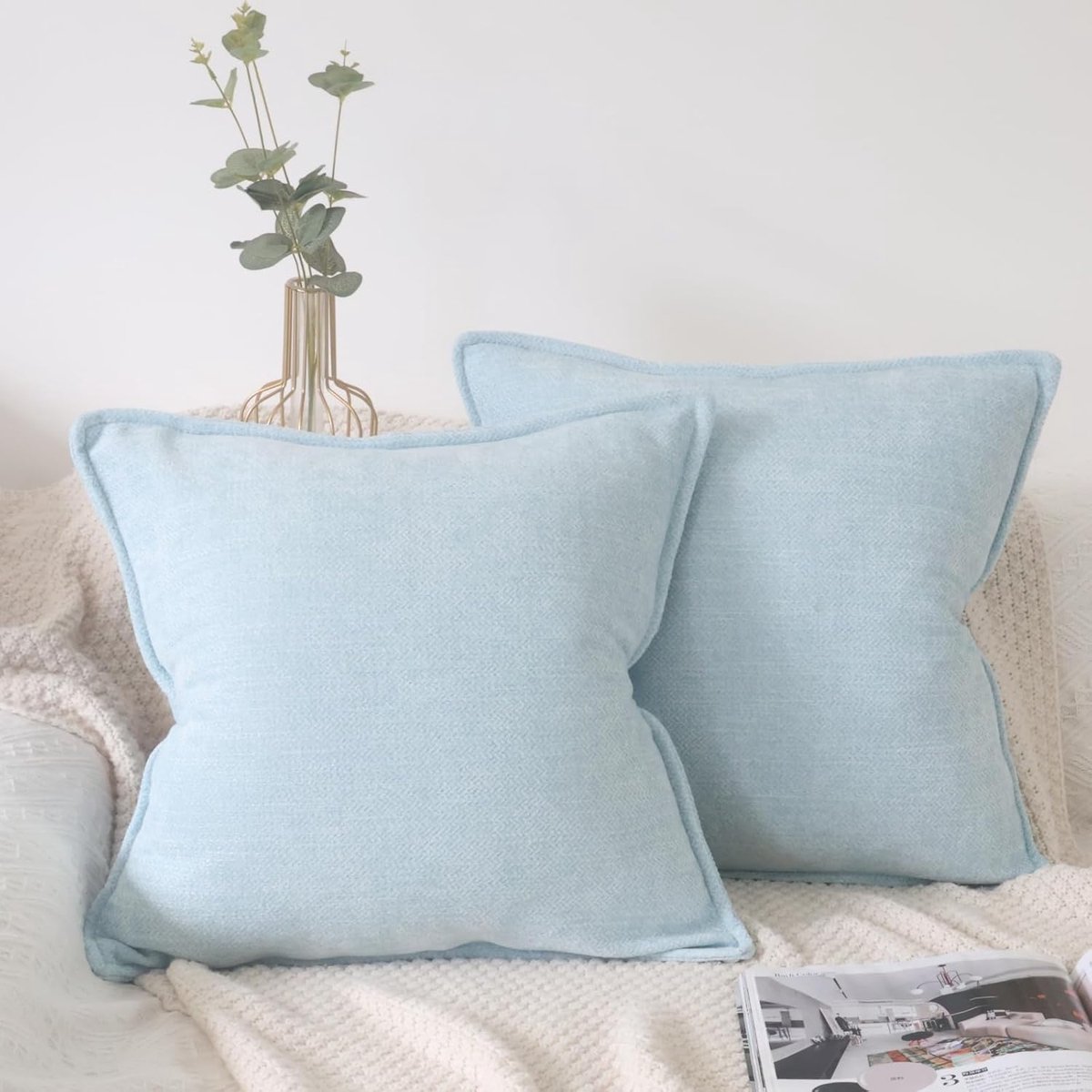 SnelShoppen - Luxe Lichtblauwe Kussenhoezen 40x40 cm Chenille - 2 Stuks Decoratieve Sofa Kussens - Zachte Cuddle Kussens voor Woonkamer, Slaapkamer, C