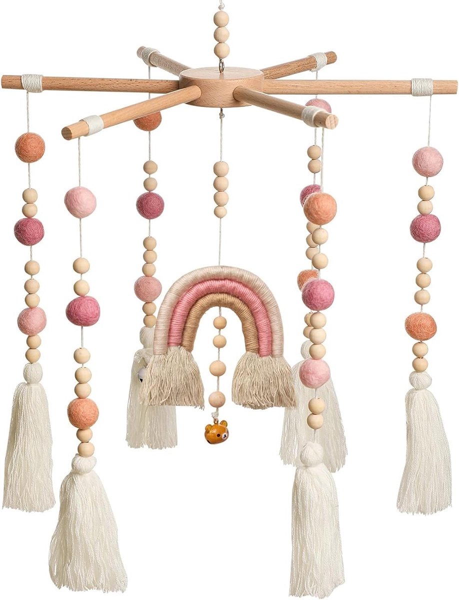 SnelShoppen - Mobiele baby voor babybed - Boho Regenboog Houten Mobiel - Windgong met Vilten Ballen en Kwastjes - Decoratie voor Pasgeborenen - Perfec