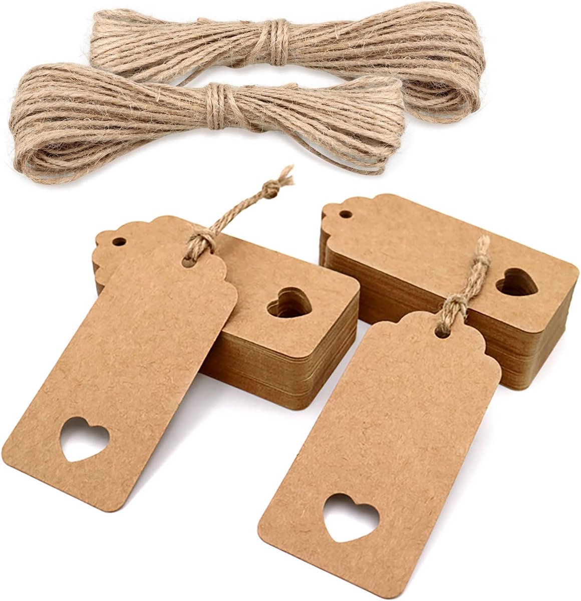SnelShoppen - Kraft Paper Heart Gift Tags 100PCS - Bruin 9.5cm x 4.5cm - Hanger Labels met Jute Touw voor Trouwen, Feesten, Cadeaus
