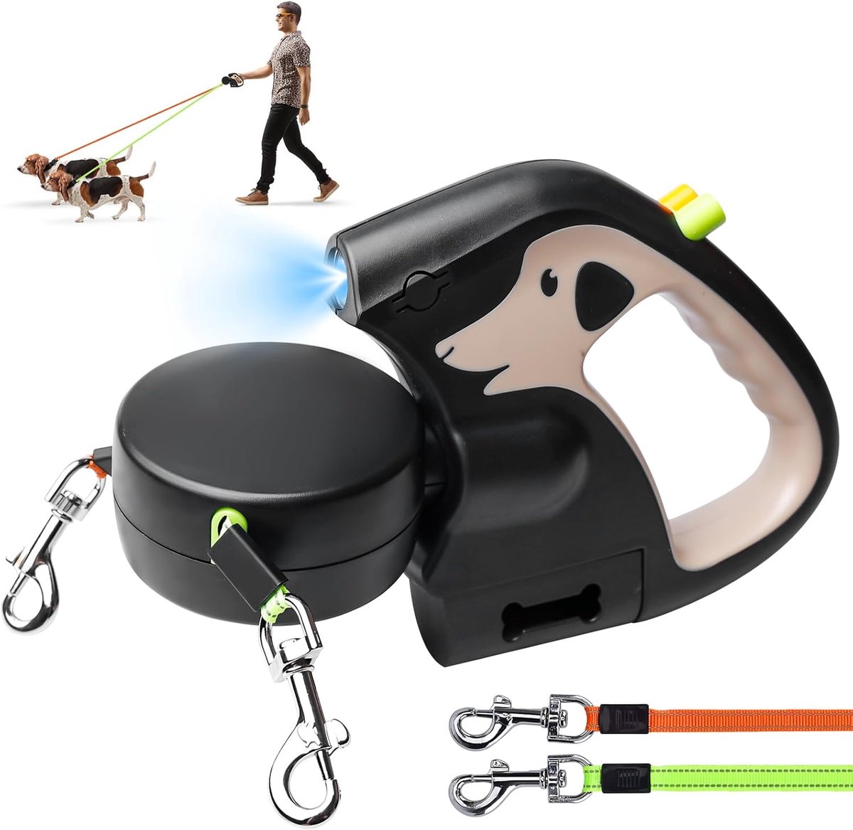 SnelShoppen - Dubbele Retractable Hondenlijn met Licht, 3 Metres, Ergonomische Handgreep, Uitbreidbare Hondenlijn voor Twee Honden, Bruin, Duurzaam en