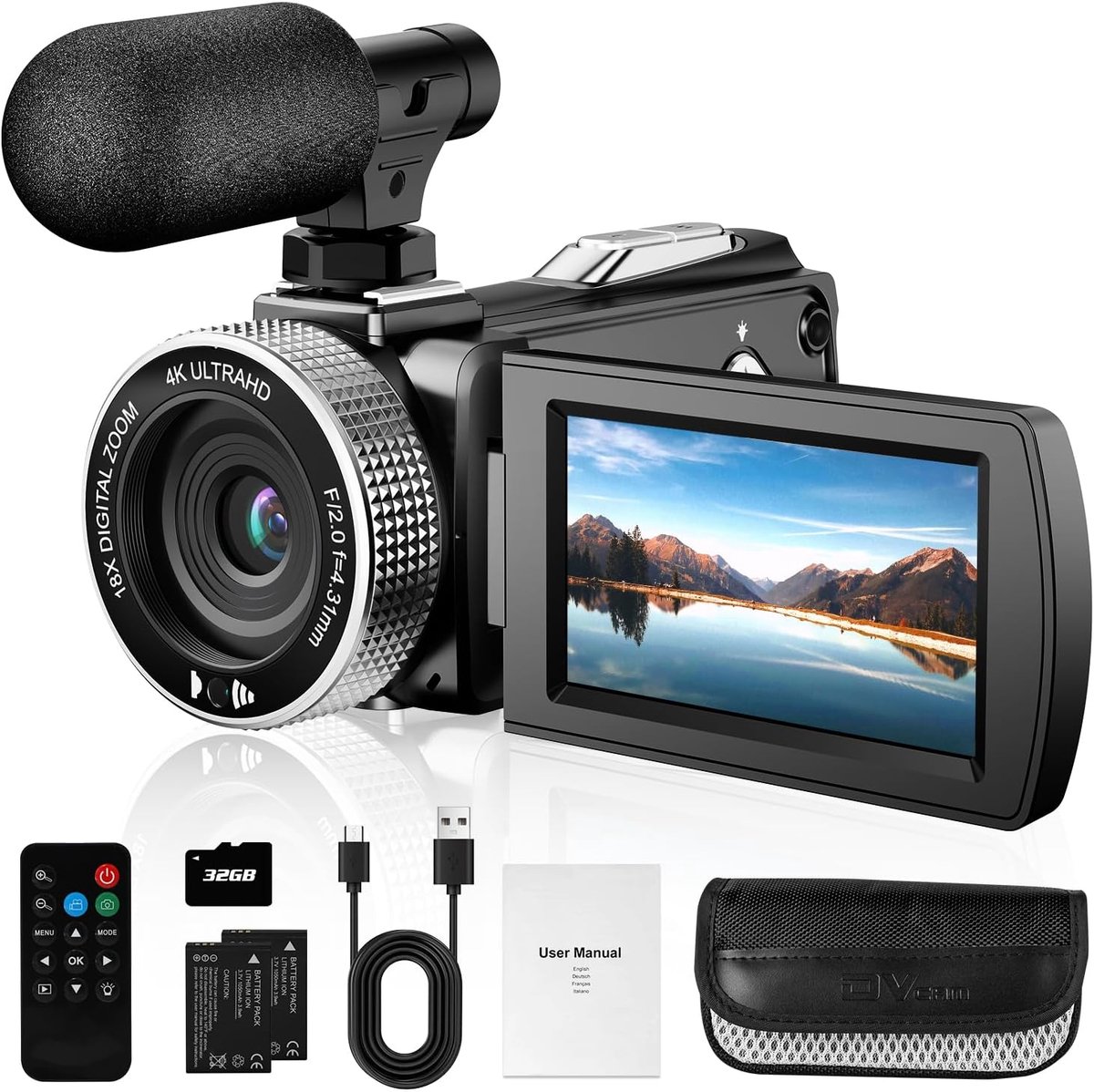SnelShoppen - Digital Video Camera 4K, 48MP Fotocamera, 4K 60FPS Videorecorder voor Vloggen, Inclusief 2 Accu's, Externe Microfoon, SD Kaart en Afstan