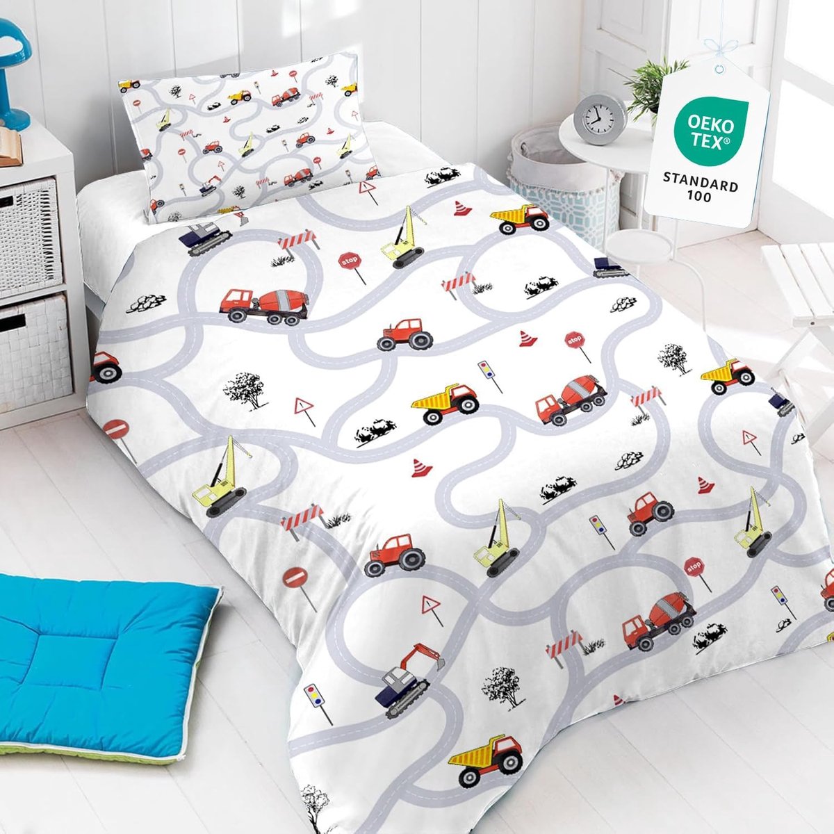 SnelShoppen - Kinder Beddengoed Set 120x150 - Tractor Duvet Cover met Wegborden - Microfiber Dekbedovertrek + Kussensloop 40x60 voor Jongens