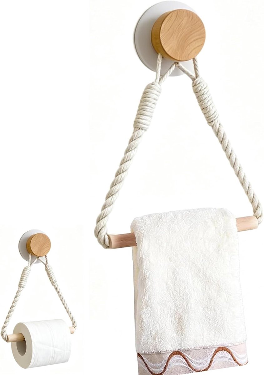 Thijox - Toiletpapierhouder zonder boren, vintage beige henneptouw, houten toiletrolhouder, handdoekhouder voor boho decor, eenvoudig te monteren voor