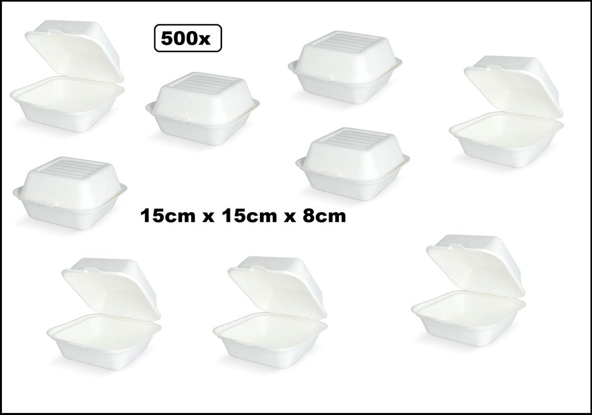 500x Hamburger bak IP6 groot suikerriet BIO - 15cm x 15cm x 8cm - Hamburgerbakje diner fastfood cheeseburger broodje festival
