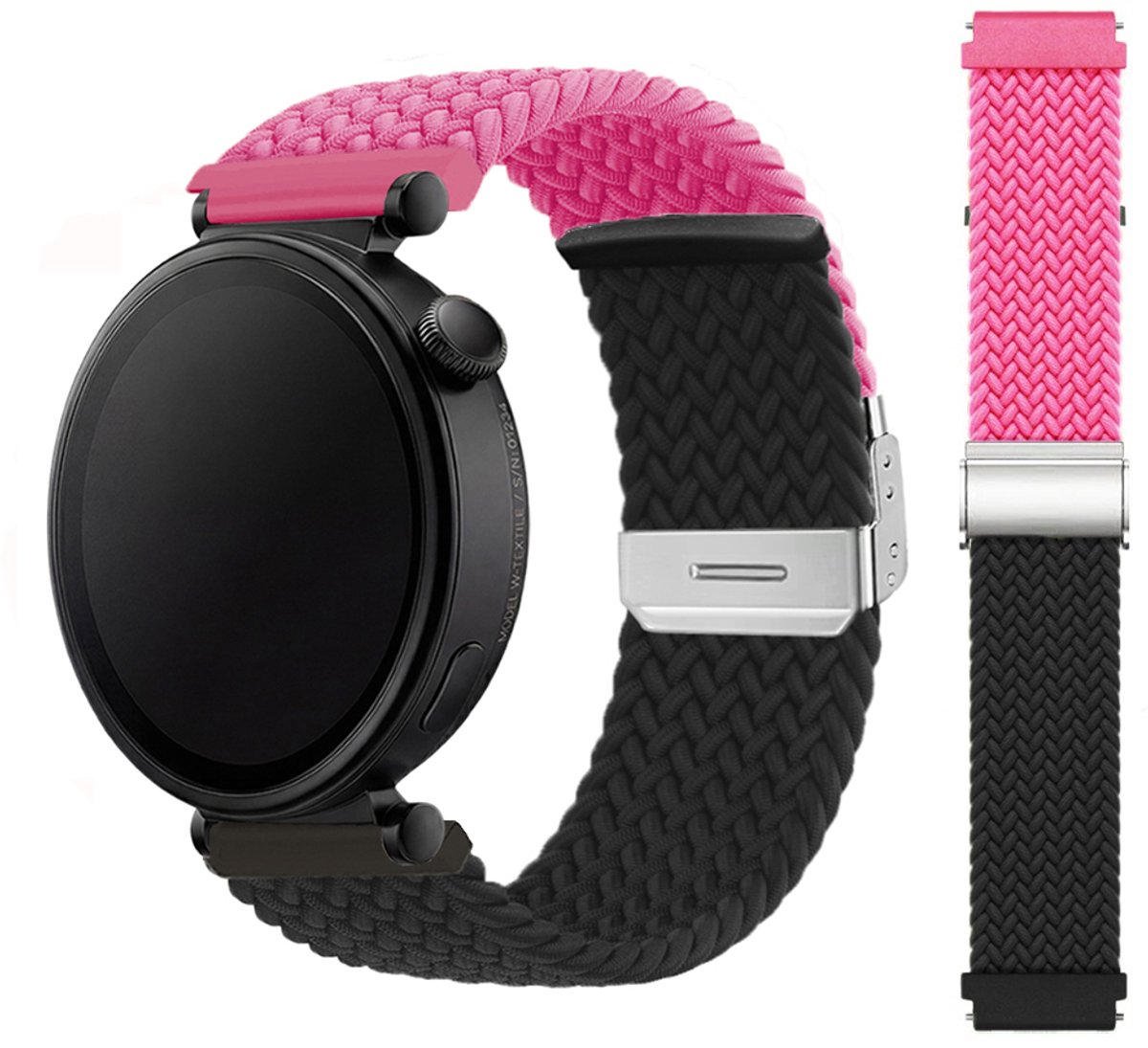 Stravo 18mm Gevlochten Nylon Bandje met Schuifsluiting – Geschikt voor Garmin Vivoactive 4S / Venu 2S / Venu 3S / Venu 4 (41mm) / Forerunner 255S / 265S – Compatibel met Huawei Watch GT 5 (42mm) / GT 5 Pro (42mm) / GT 6 (41mm) – Magenta / Zwart