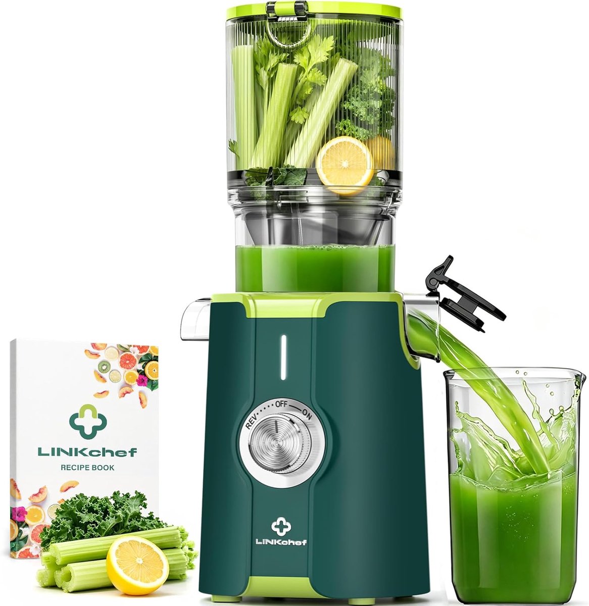 Slow Juicer – Sapcentrifuge – 200W – 115 mm Brede Vulopening voor Hele Groenten en Fruit – BPA-vrij – Eenvoudig Schoon te Maken – Inclusief Receptenboek – Groen