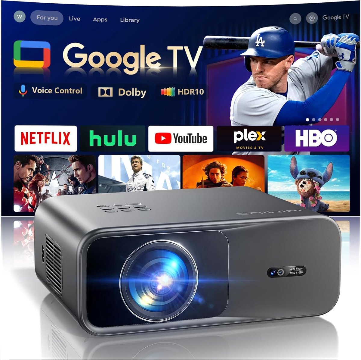 SnelShoppen - 4K-projector met Dolby, Autofocus, Keystone-correctie, Slimme Netflix-compatibele Projector, Native 1080p Full HD, Wifi Bluetooth 1400 A