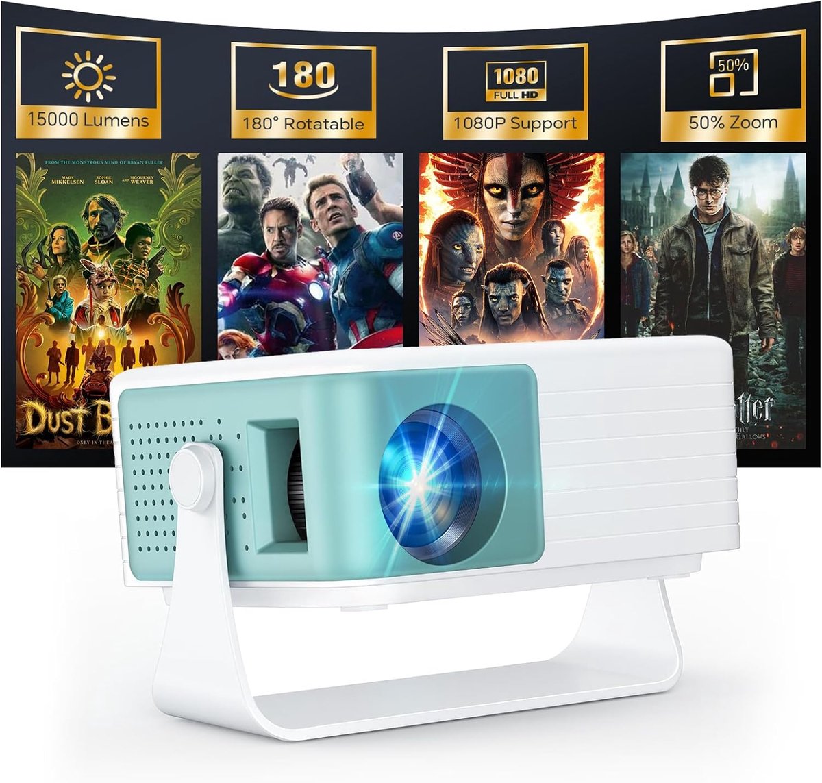 SnelShoppen - Draagbare Mini Beamer Projector met 1080P Ondersteuning, Native 720P Resolutie, Automatische Keystone Correctie, 50% Zoom & 180° Rotatie