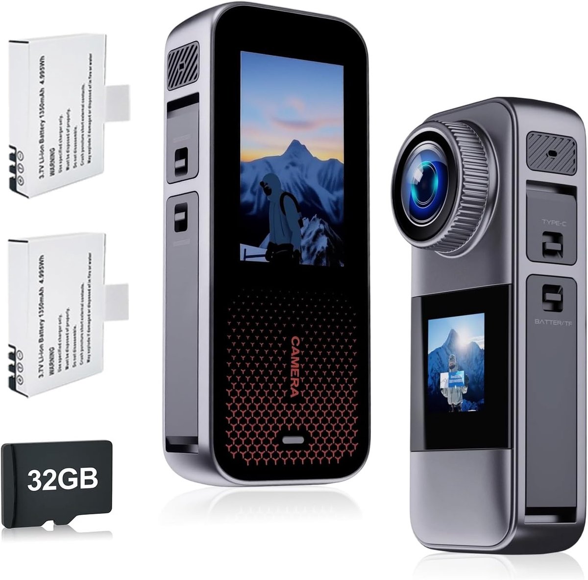 SnelShoppen - Dual Action Cam met 32G Kaart, Helmcamera, Onderwatercamera, 2 Batterijen van 1350 mAh, Accessoireset, Compact en Licht, Ideaal voor Avo