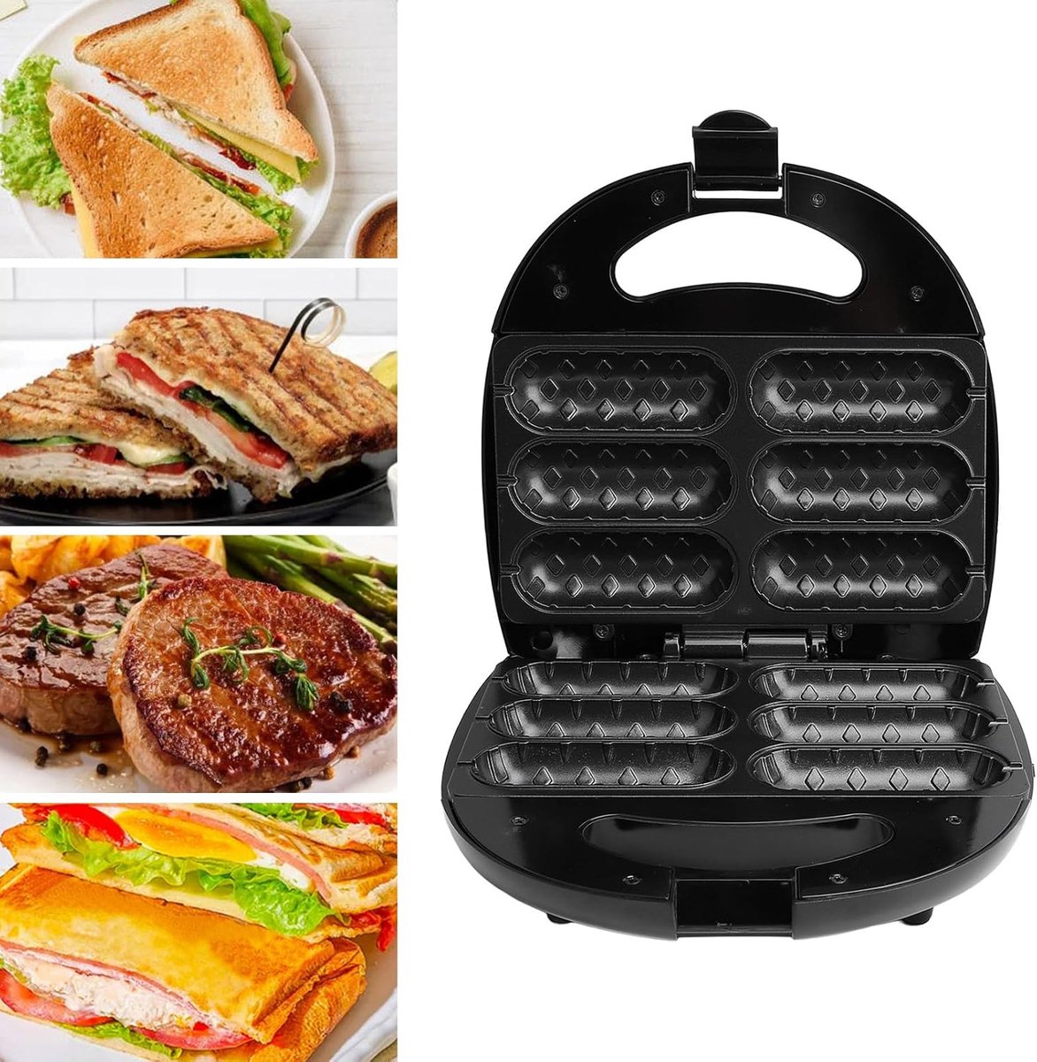 Worstbroodjesmachine, 850 watt corndogmachine met antiaanbaklaag, hotdogmachine die 6 hotdogsticks tegelijk kan maken, pizzapockets, warme taarten, chocoladebroodjes, saucijzenbroodjes, taarten, barbecue