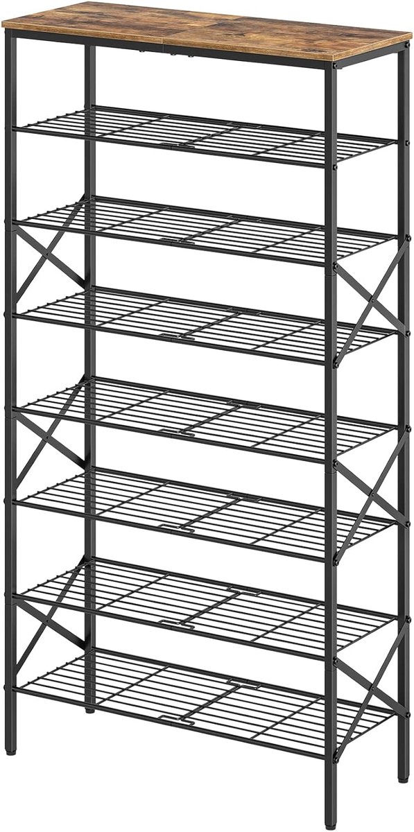SnelShoppen - Schoenenrek Hoog met 8 Niveaus voor 32 Paar Schoenen - Metalen Schoenenkast Vintage Bruin en Zwart voor Entree en Hal