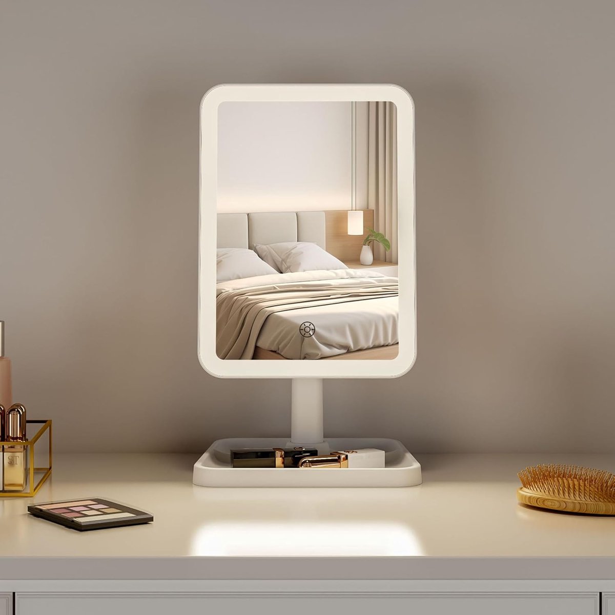 SnelShoppen - Cosmetische Spiegel met Verlichting, LED Make-up Spiegel Draaibaar 360 Graden, Dimbaar en Draadloos, Ronde Tafelspiegel met 68 Leds voor