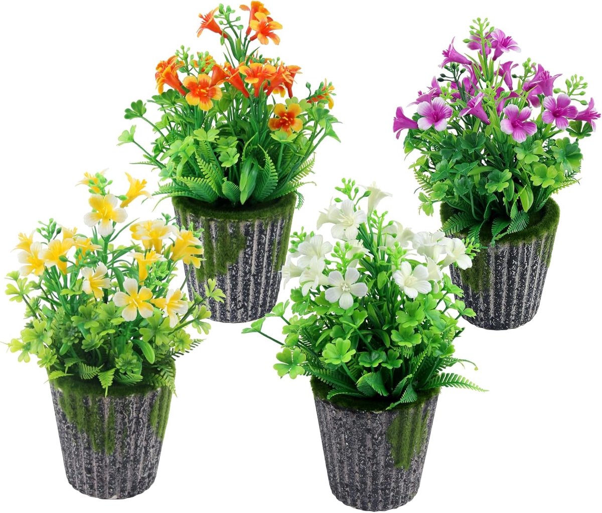 SnelShoppen - 4 stuks Kunstbloemen in Pot, Plastic Bloemen 24 cm, Kunstplanten met Kunstmosbloempot, Decoratie voor Woonkamer, Boekenkast, Balkon, 4 K