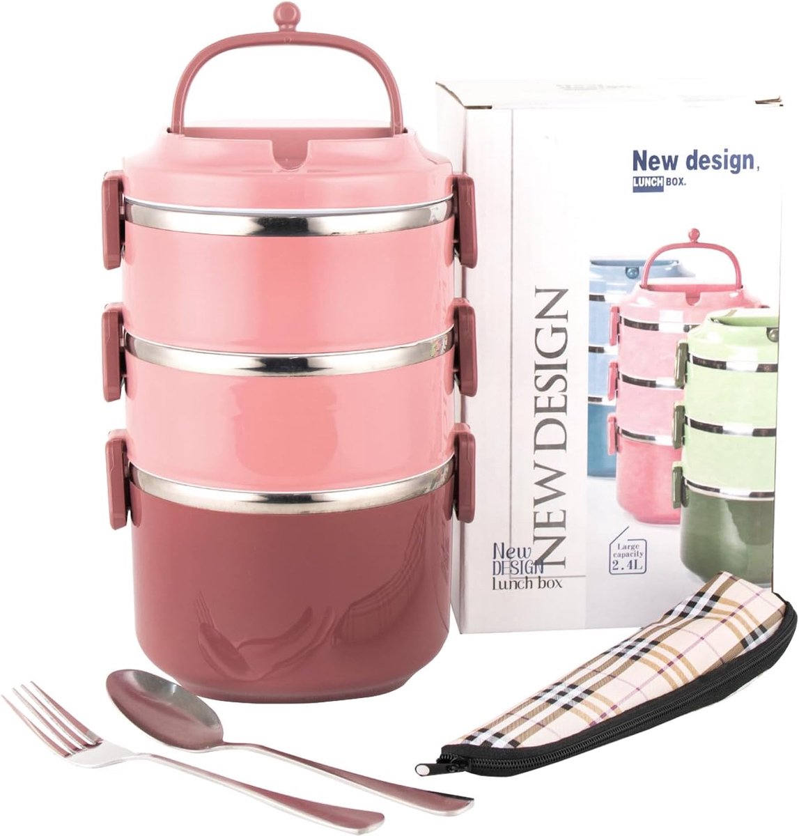 SnelShoppen - 3 Laags 18/8 Roestvrijstalen Lunchbox - Stapelbare Bento Box met Handvat - Roze - Ideaal voor Kinderen, School, Picknicks en Meer