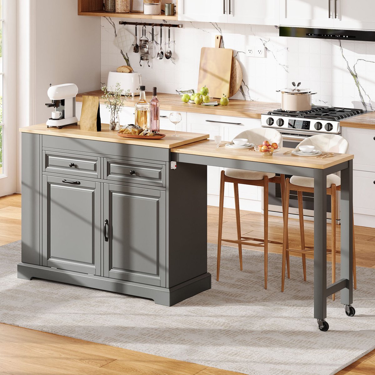 MEUNIQ Keukeneiland op wielen 112-180 x 45 x 92 cm met uitschuifbaar werkblad, afvalbakvak, 2 lades en kast met verstelbare plank voor keuken en eetkamer, grijs