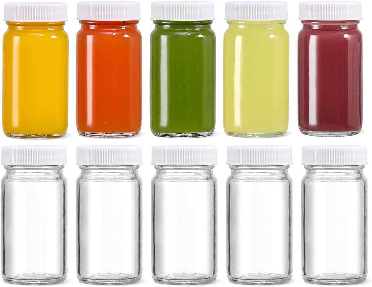 SnelShoppen - 60 ml Glazen Flessen met Brede Mond - 10 Stuks Herbruikbare Mini Shot Flessen met Deksel voor Sap, Lngber, Jenever, Perfect voor Feest,