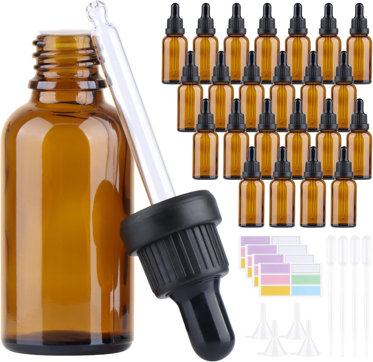 SnelShoppen - 24 Stuks 30 ml Bruin Glazen Druppelaars, Apothekersflesjes met 4 Pipetten, 4 Trechters, 24 Etiketten - Ideaal voor Etherische Oliën, Par