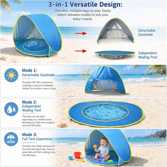 SnelShoppen - Pop-up Strandtent met UV-bescherming 50+ voor Baby's - Draagbare Mini-Zwembad Tent - Afneembaar Dak - Windscherm voor Peuters - Perfect van Snelshoppen — afbeelding 3