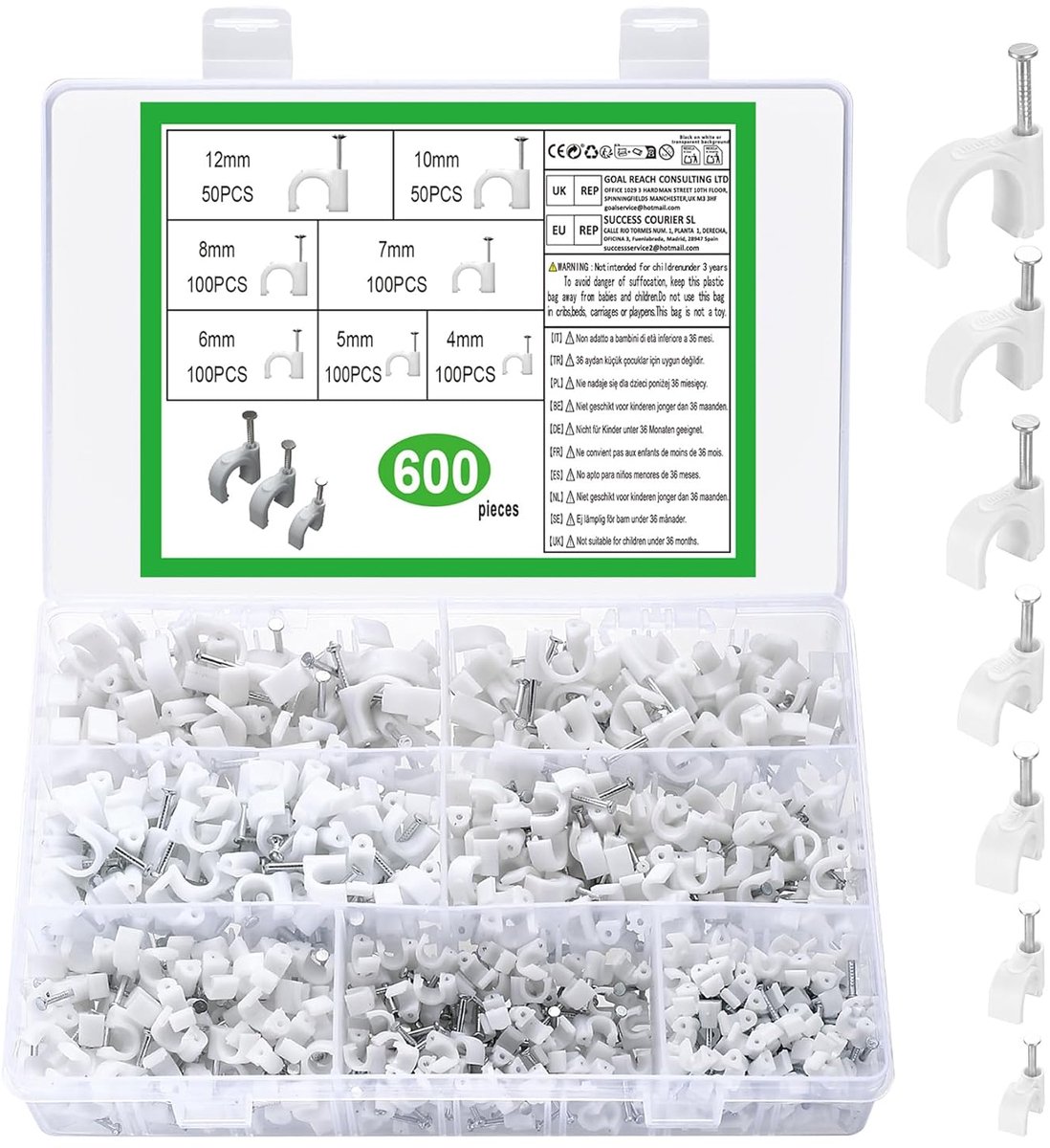SnelShoppen - 600 Stuks Kabelklemmen, Nagelklemmen, Kabelclips Wit met Spijkers voor Netwerkkabels 4mm tot 12mm - Ideaal voor Thuis, Kantoor en Tuin