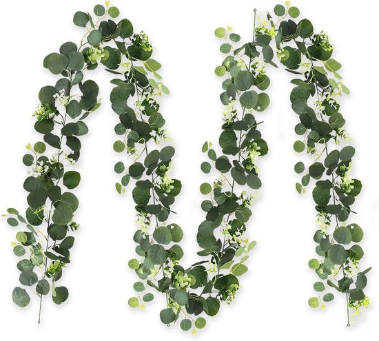 SnelShoppen - Eucalyptus Slinger Set van 3 Groene Kunstslingers met Witte Bloemen, Perfecte Plantenslingers voor Bruiloft, Tafeldecoratie, Achtergrond