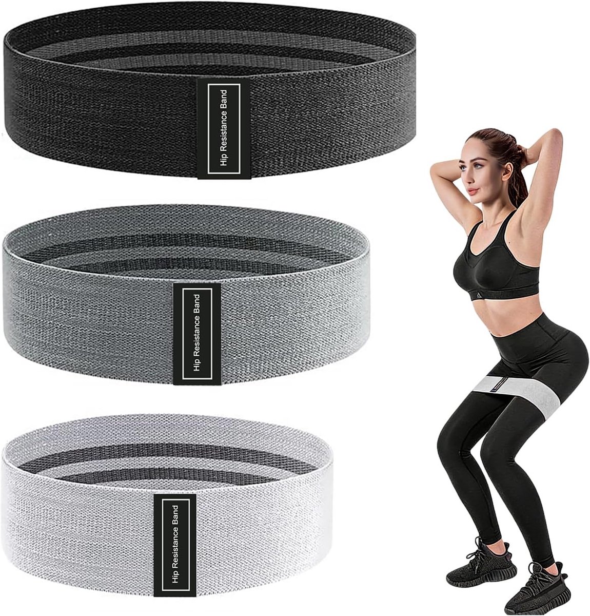SnelShoppen - Set van 3 Elastische Spierbanden Antislip Stof met Tas - 3 Weerstandsniveaus voor Billen, Benen, Yoga en Pilates (Grijs, Zwart)