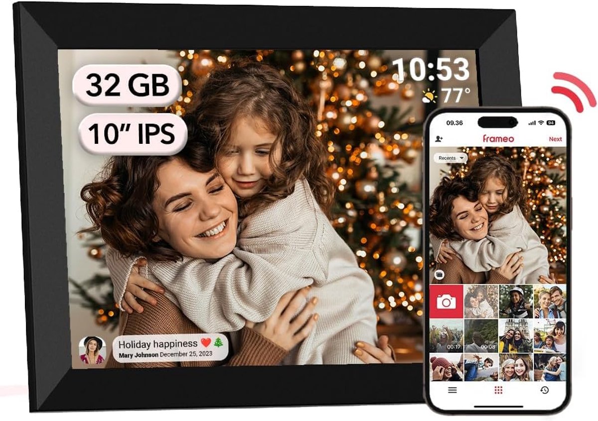 SnelShoppen - Digitale Fotolijst 10,1 inch - WiFi Digitale Fotolijst - 32 GB Smart Cloud Fotolijst - 1280 x 800 IPS LCD-Touchscreen - Direct Momenten