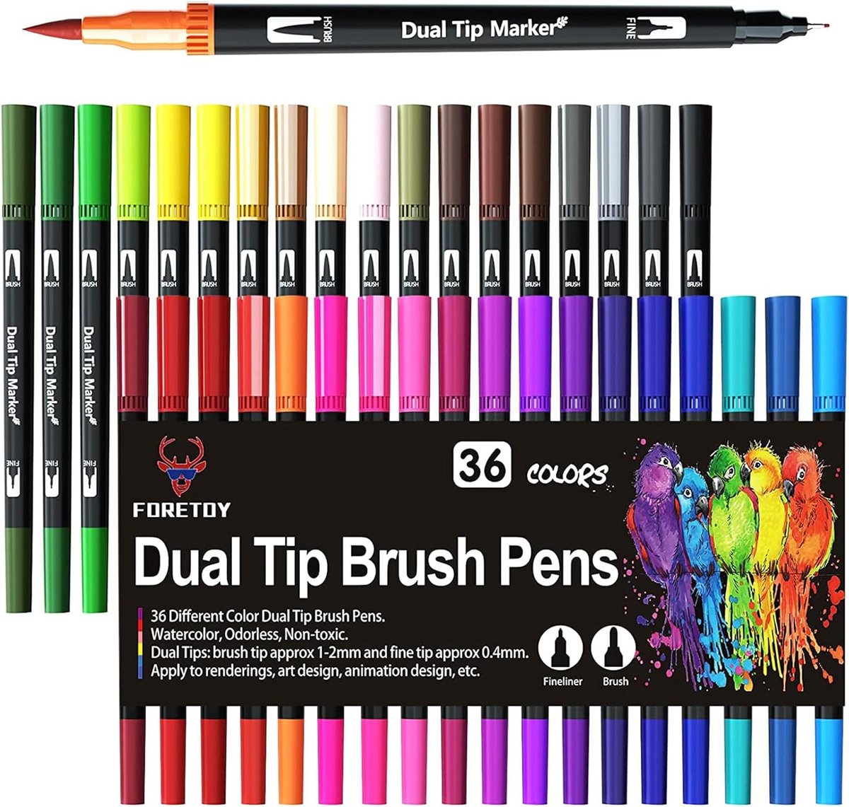 SnelShoppen - Dual Brush Pen Set 36 Kleuren Dubbele Viltstiften Penseelpennen - Waterbasis Kleurpennen voor Bullet Journal, Handlettering, Kalligrafie