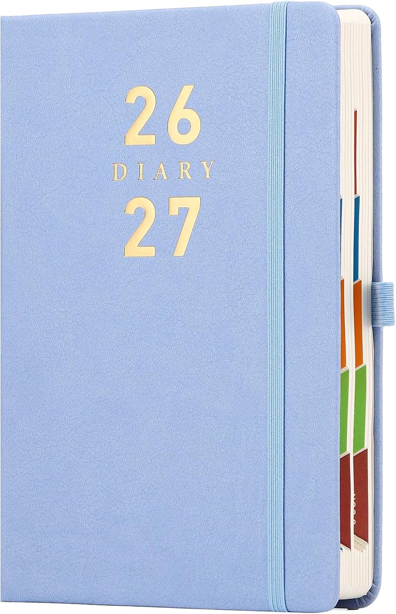 SnelShoppen - Agenda 2026 2027 A5 Dagelijkse Planner, Harde Kaft met Kleurtabbladen, Penhouder, Binnenzak, 400 Ivoorkleurige Dikke Pagina's, Organizer