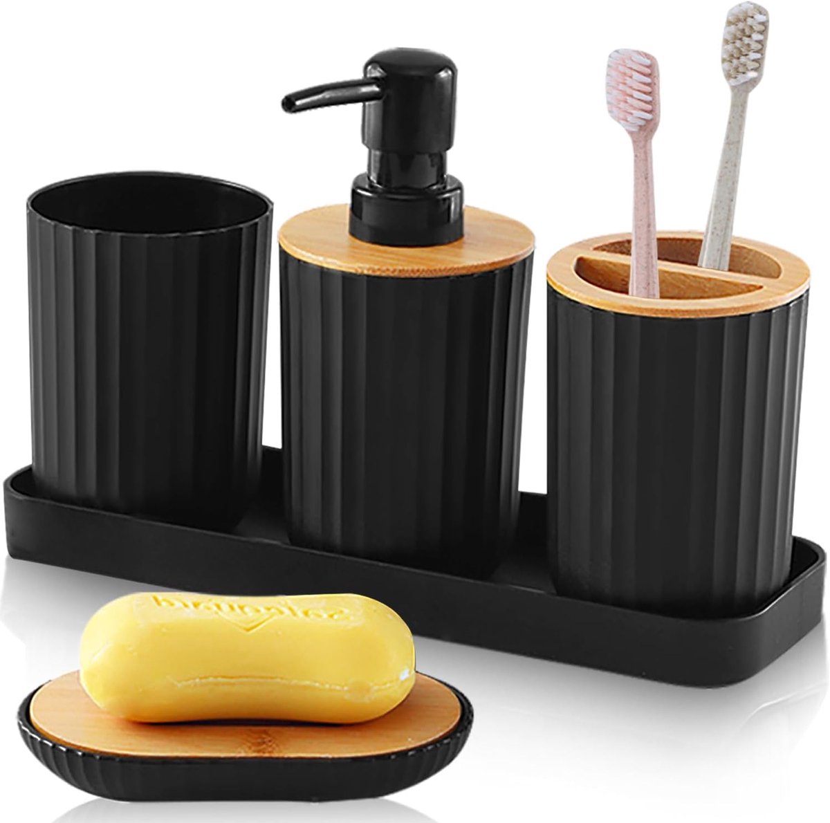 SnelShoppen - 5-delige zwarte badkameraccessoireset, kunststof badkameraccessoires set met zeepdispenser, tandenborstelhouder, badkamerbeker en zeepba