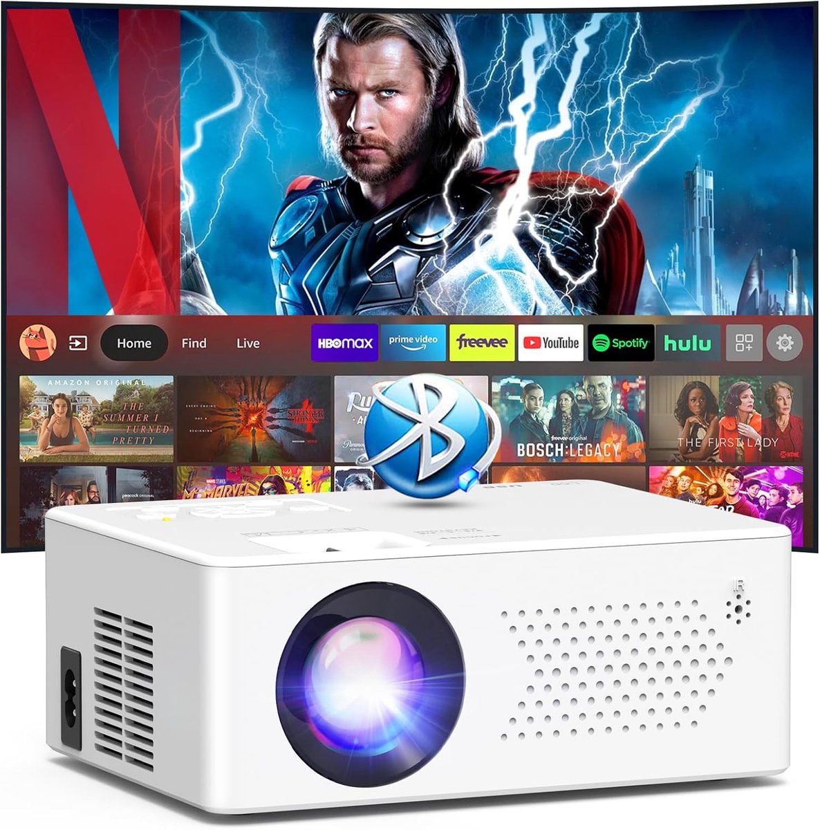 SnelShoppen - Smart Mini Beamer met Android, Draagbare Full HD 1080P Projector, WiFi6 Bluetooth 5.2, 50% Zoom, 200 Inch Display voor Thuisbioscoop, Ca
