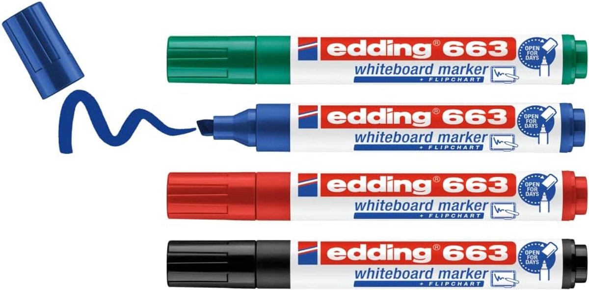 Thijox - Whiteboardmarker Set - 4 Stuks - Zwart, Rood, Groen, Blauw - Beitelpunt 1-5 mm - Uitwisbare Boardmarkers - Navulbaar - Voor Whiteboard, Flipc