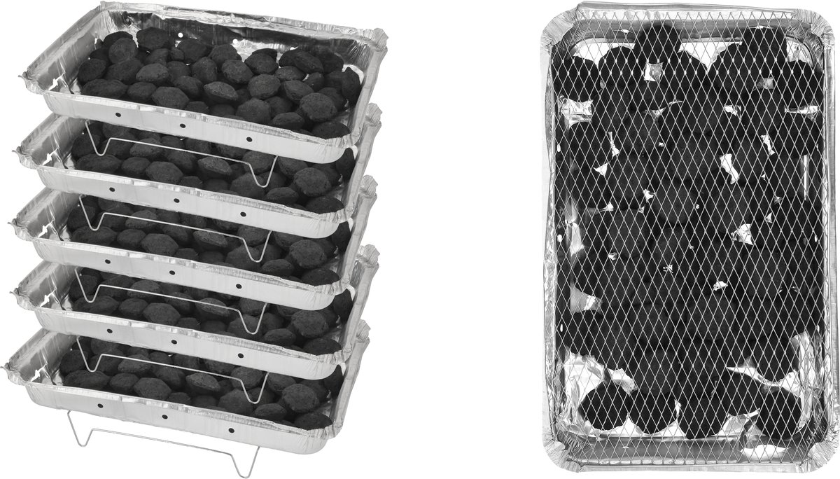 Wegwerp Barbecue met Houtskool – 5 Stuks – Grote Wegwerp BBQ 48 x 30,2 cm – 1,45 kg Houtskool per Stuk – Instant BBQ voor circa 10-12 Personen – Camping, Picknick en Tuinfeest – Inclusief Rooster en Onderstel