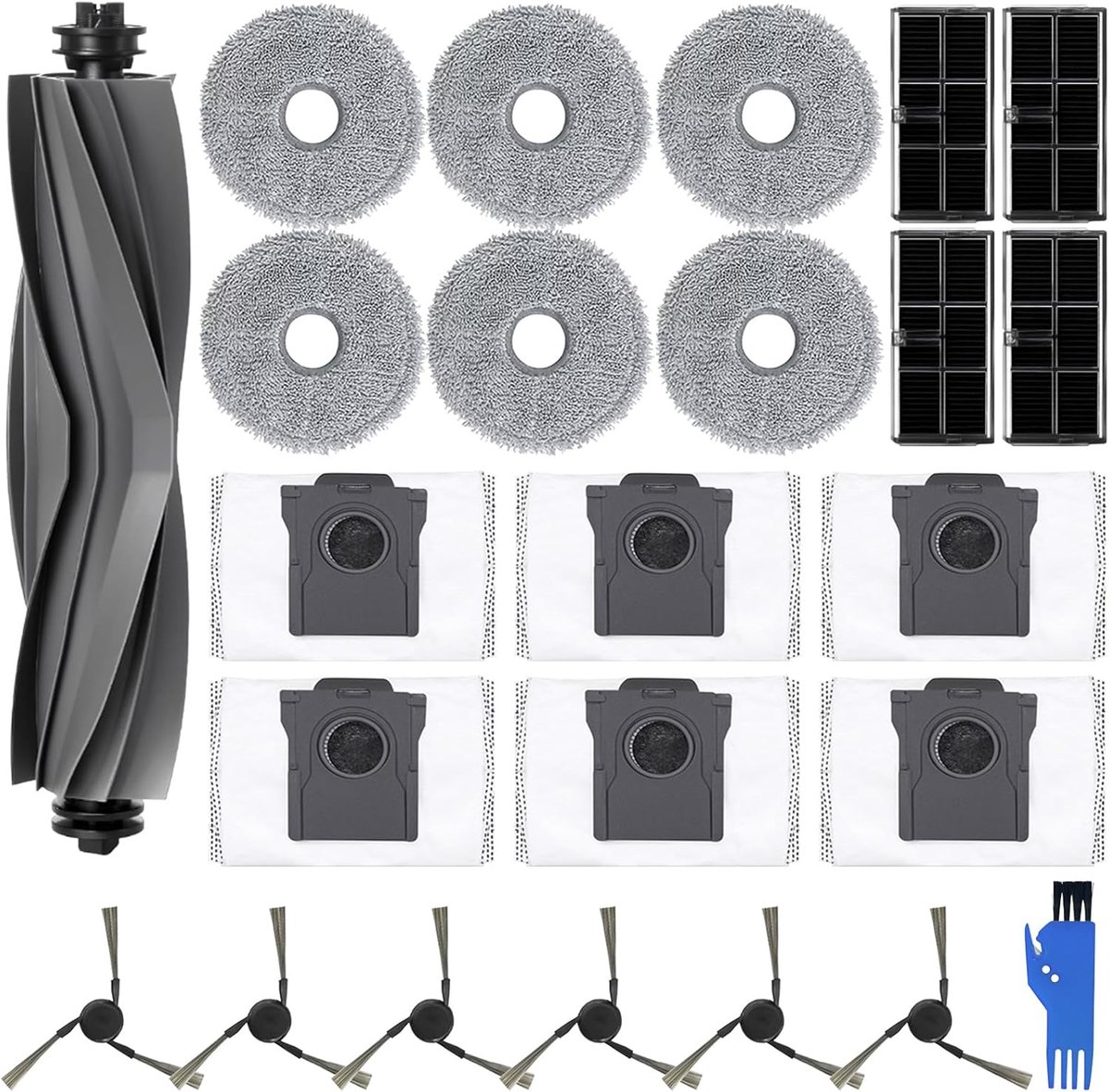 SnelShoppen - Accessoire Set voor Robotstofzuiger, 25 Delen - Hoofdborstel, 4 Filters, 6 Stofzakken, 6 Schoonmaakdoeken, 6 Zijborstels, Herbruikbaar,