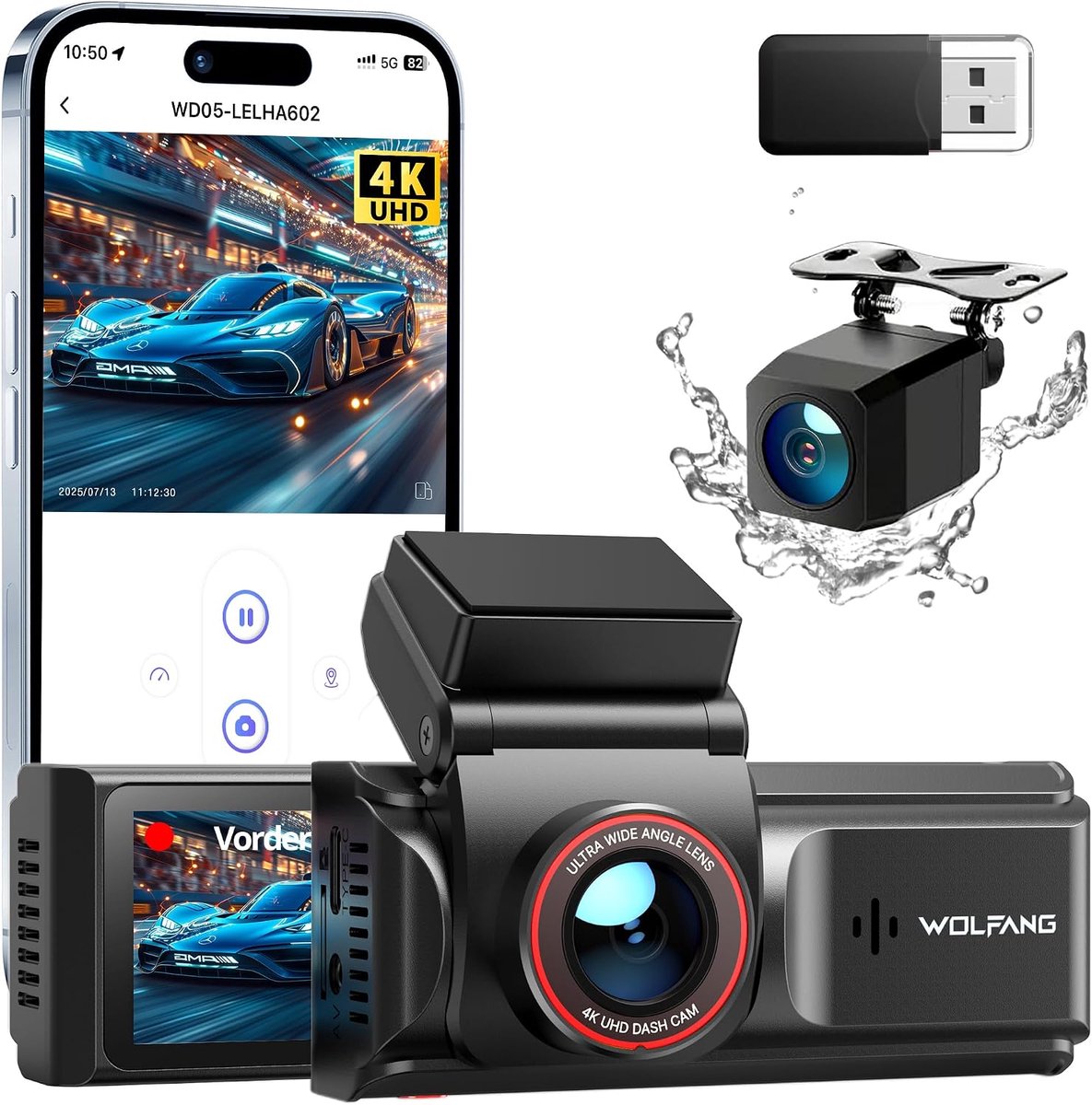 SnelShoppen - 4K Dash Cam WiFi Voor- en Achteruitrijcamera met 3" IPS, Super Nachtzicht, Loopopname, G-Sensor, 170° Ultra Brede Hoek, Parkeerbewaking,