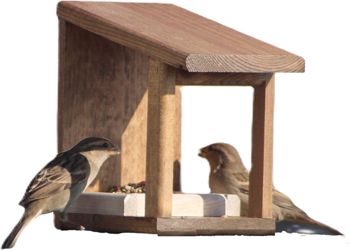 SnelShoppen - Vogelvoederhuis Wengué 17,5 cm Hoog - Houten Voederbak voor Kleine Vogels - Semi-Matte Afwerking - Inclusief Vogelvoer - Tuin Accessoire