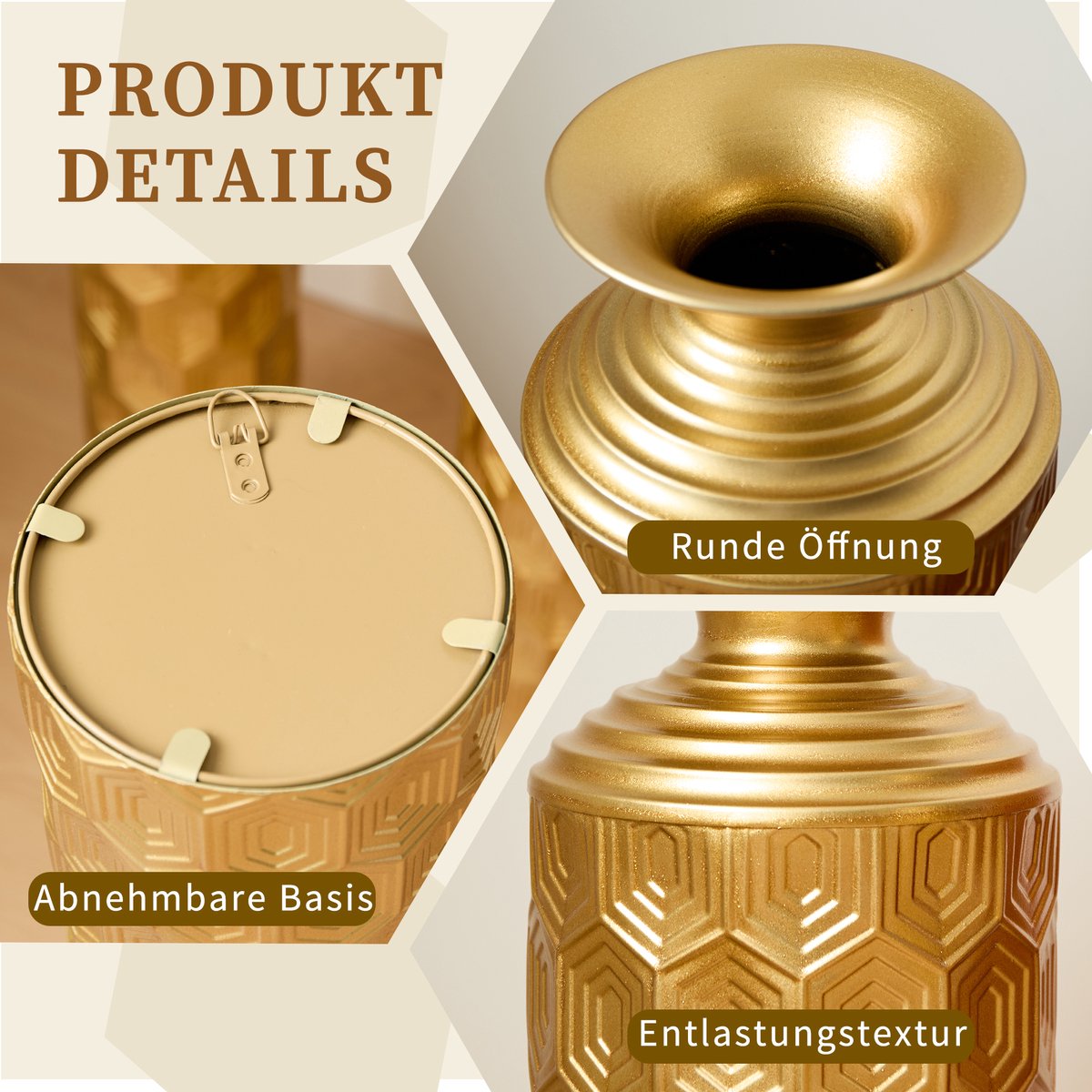 MIVRAY Vaas – 3-Delige Set Met Honingraatreliëf – 50/65/85 cm – Metaal – Goud – Vloerdecoratie Voor Woonkamer, Hal En Entree