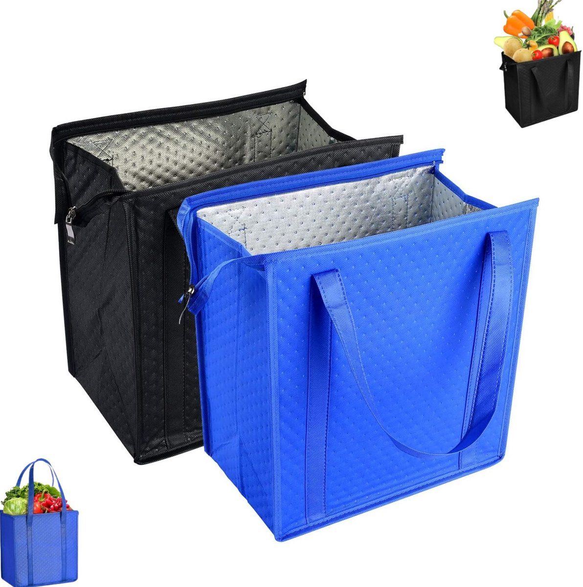 2 stuks - geïsoleerde boodschappentas met ritssluiting en handvat - Herbruikbare voedseltas - 6,9 liter opvouwbare geïsoleerde tas - 31 x 18 x 33 cm (handvat) - Geschikt voor het vervoeren van warme en koude gerechten en voor op reis