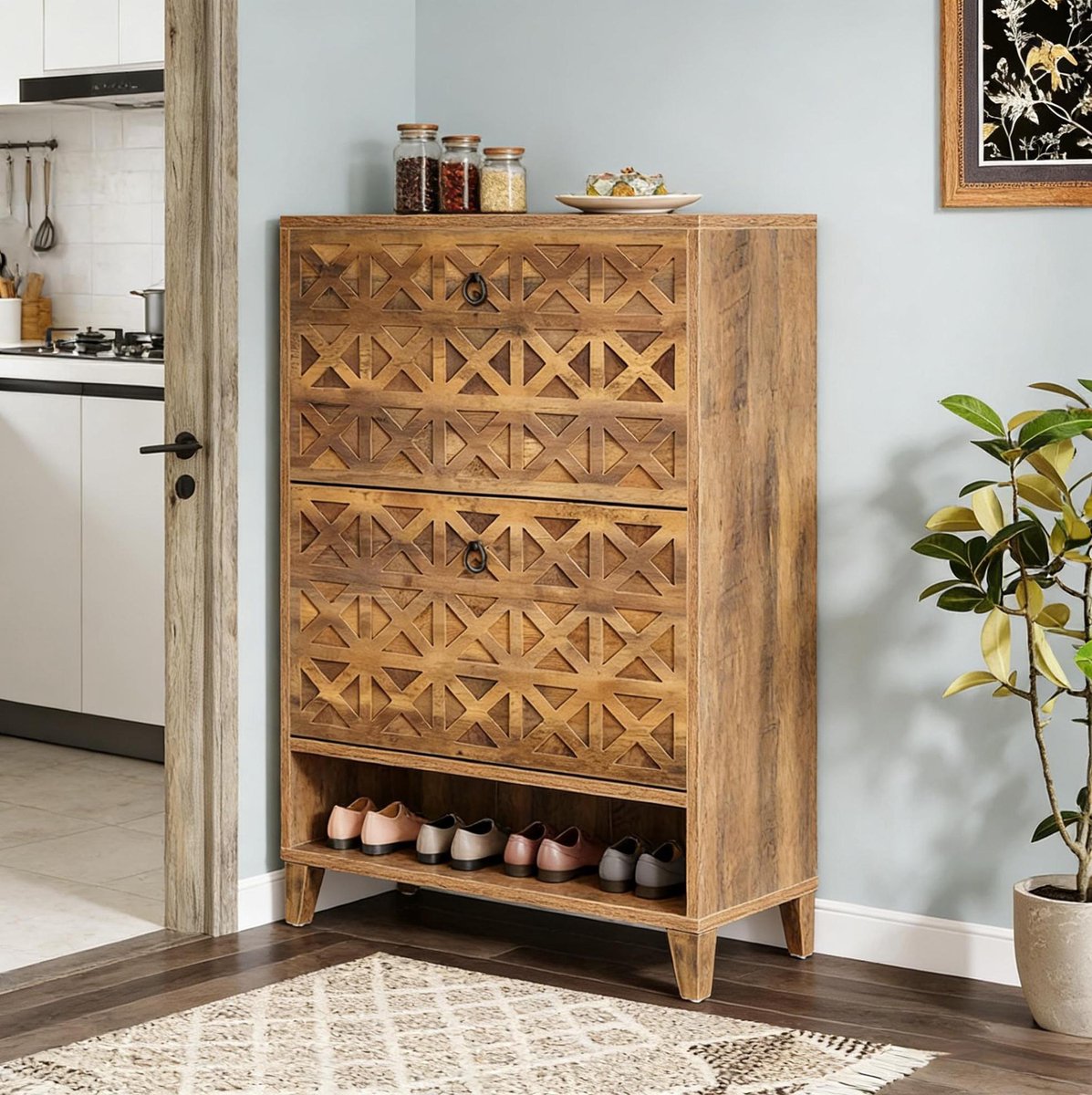 Wishdor - Schoenenkast - 2 kleppen en open vak - rustieke stijl - voor hal en entree - houtlook met metalen details - bruin - 80 x 24 x 110 cm