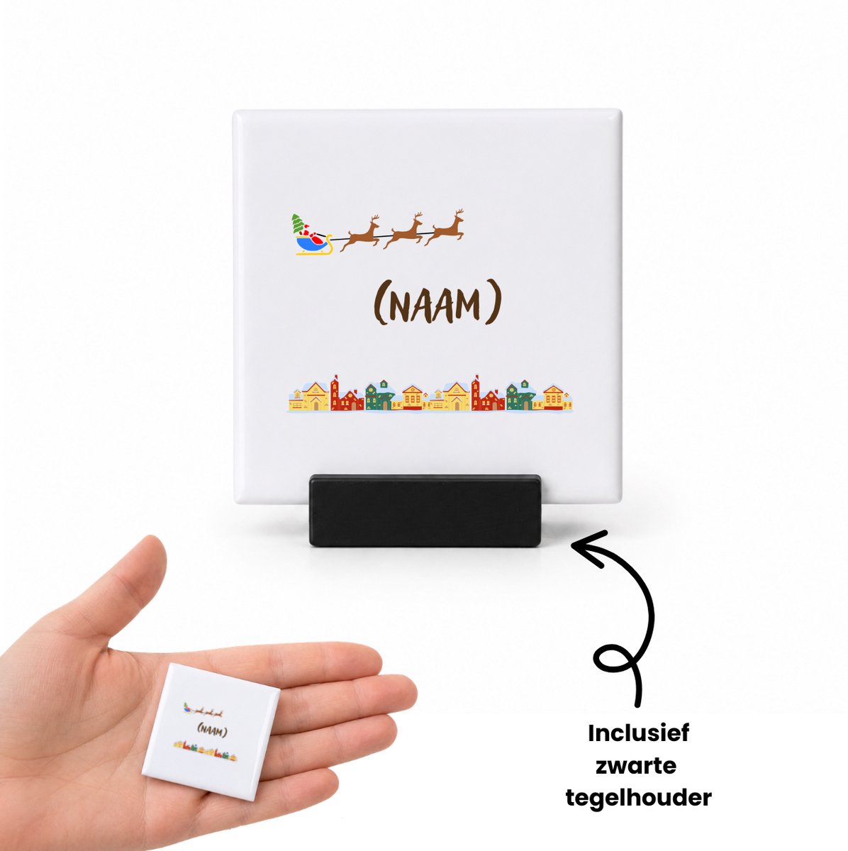 Hacebo Kerst vliegende rendieren met eigen naam tegeltje met tegelhouder - Kerstmis - Kerst beker - tegeltjes met tekst - winter - kerst - christmas - kerst cadeau - spreuktegels - 4.8x4.8 CM Wit