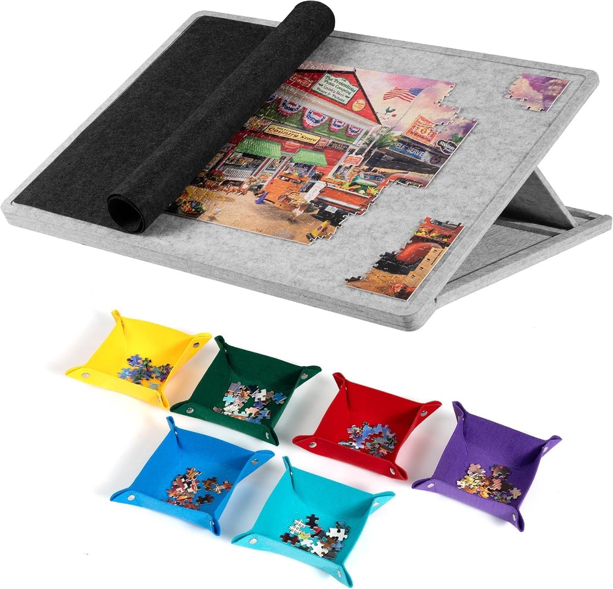 SnelShoppen - Puzzle Tafel 1000 Stukjes - Verstelbare Puzzelbord met Deksel en Stand - Lichtgewicht Vilt Puzzelbord met 6 Sorteringskommen voor Volwas